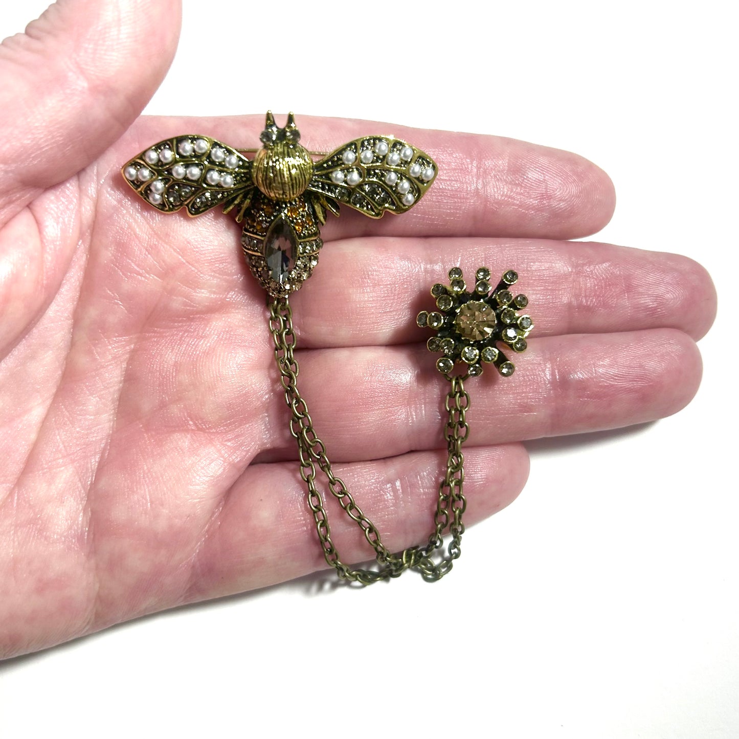 Bee Grey Rhinestone and Pearl Antiqued Gold Brooch with Chain Connector