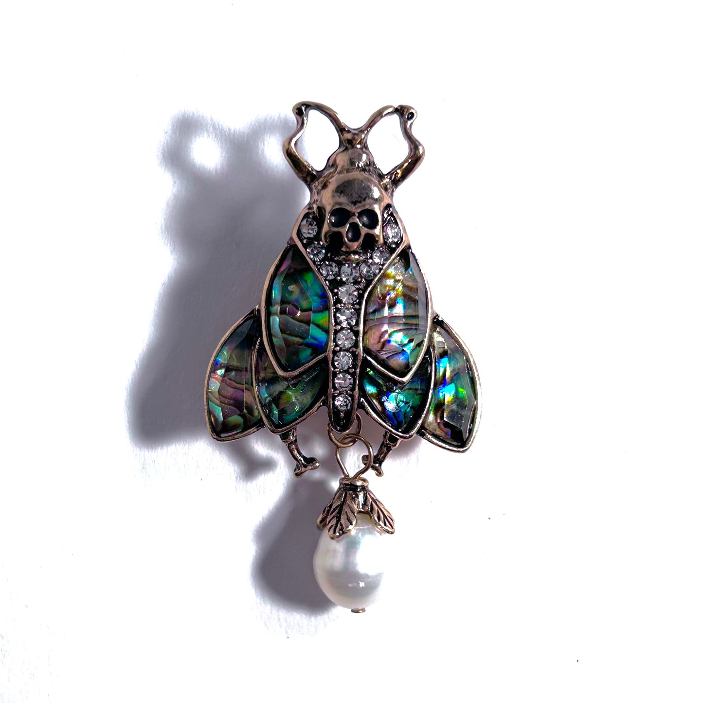 Moth, Skull & Baroque Freshwater Pearl Abalone Brooch Pin