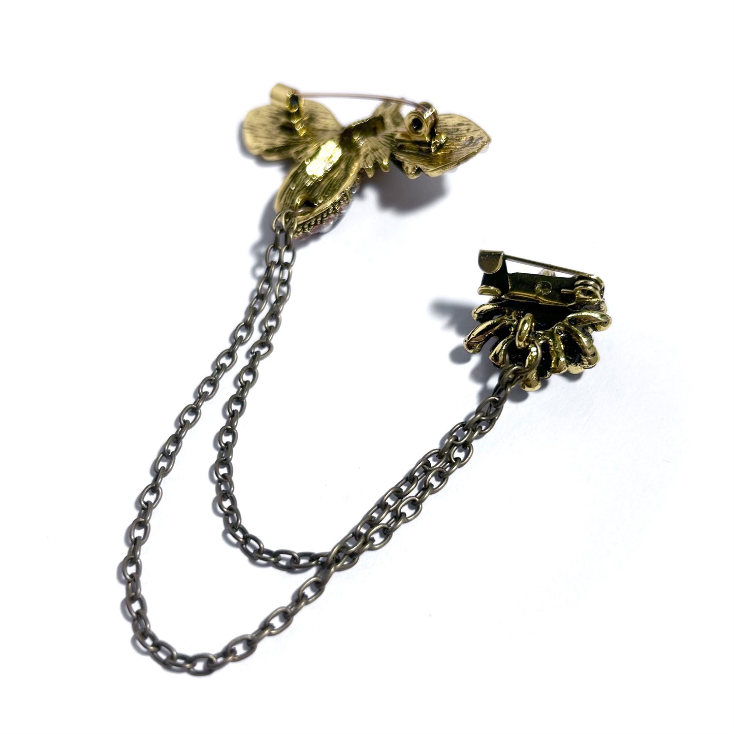 Bee Grey Rhinestone and Pearl Antiqued Gold Brooch with Chain Connector