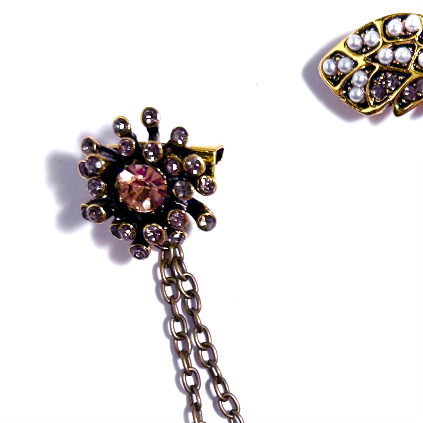 Bee Grey Rhinestone and Pearl Antiqued Gold Brooch with Chain Connector