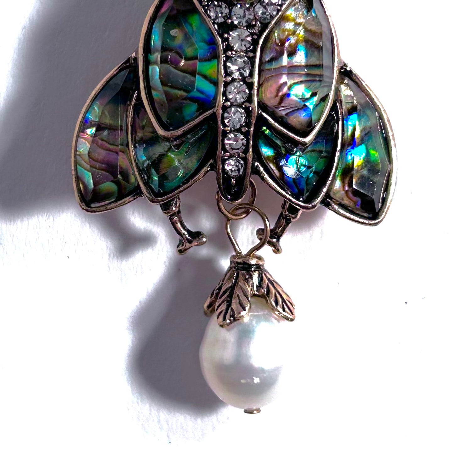 Moth, Skull & Baroque Freshwater Pearl Abalone Brooch Pin