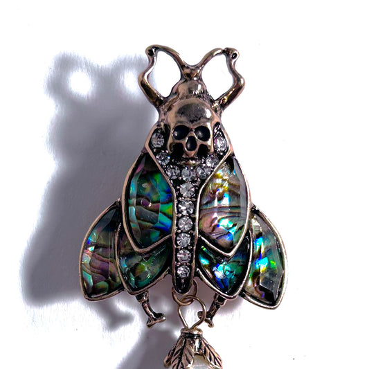 Moth, Skull & Baroque Freshwater Pearl Abalone Brooch Pin