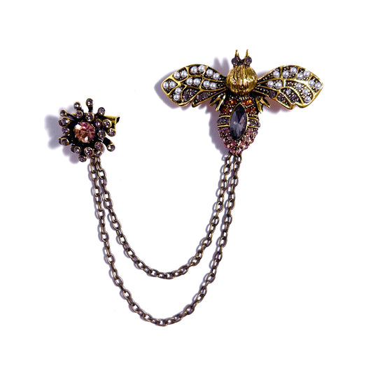 Bee Grey Rhinestone and Pearl Antiqued Gold Brooch with Chain Connector