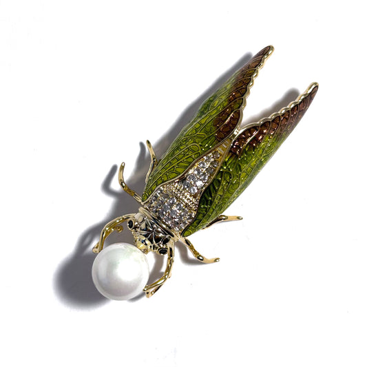 Cicada Green Enamel & White Pearl Gold Brooch