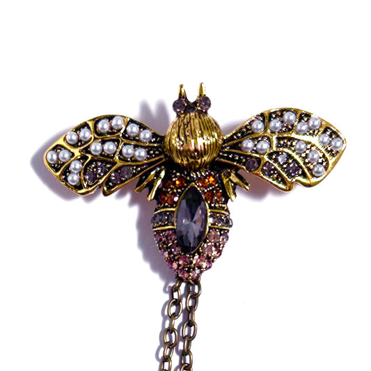 Bee Grey Rhinestone and Pearl Antiqued Gold Brooch with Chain Connector