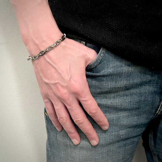 Thick Flat Rectangle Link Chain Bracelet in Silver